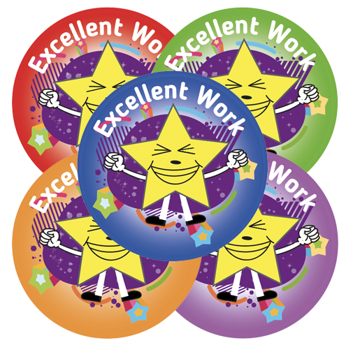 Colourful sticker adorned with 'Excellent Work' for celebrating and ...